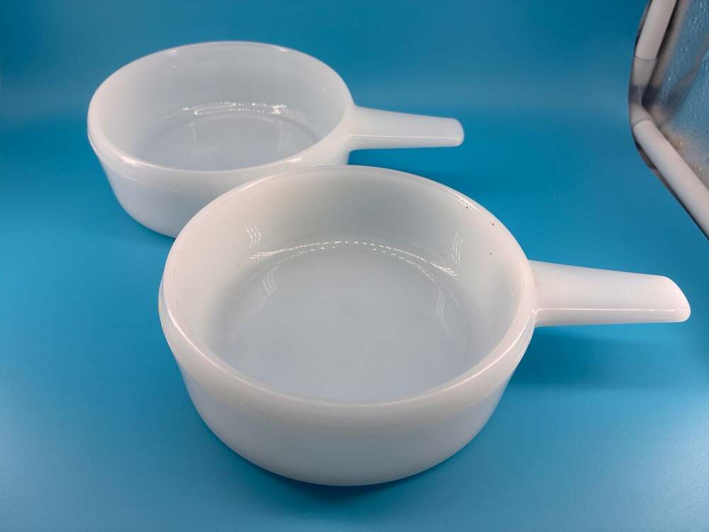 Set of 2 Vintage Glasbake J-2639 White Milk Glass 14oz Handled Soup Bowls